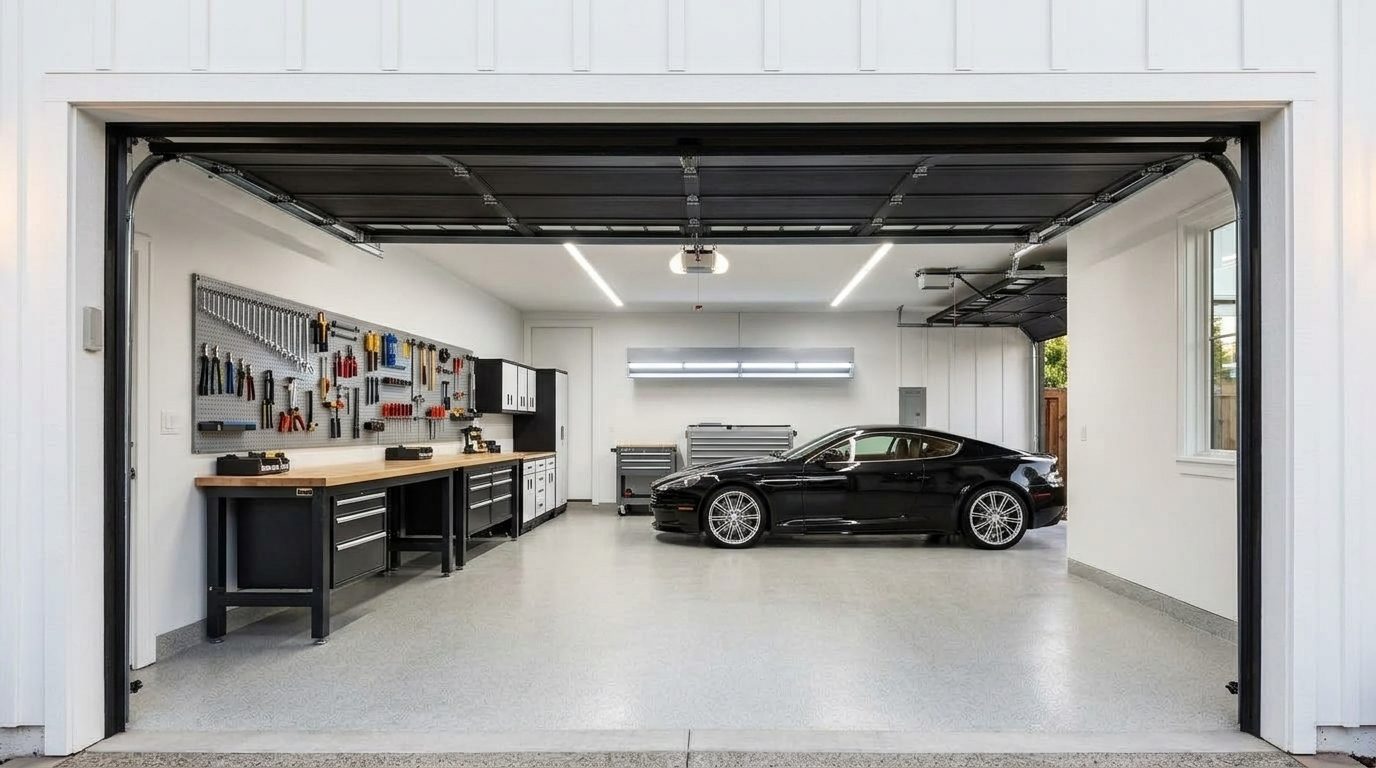 Carlos Local Garage Door Service Interior View of Custom Garage Door Overhead and Workshop